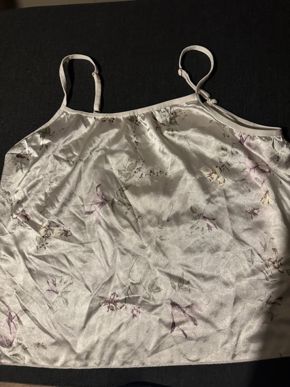 Satin Floral Cami Tank Top - Light Ivory with Lavender Accents
